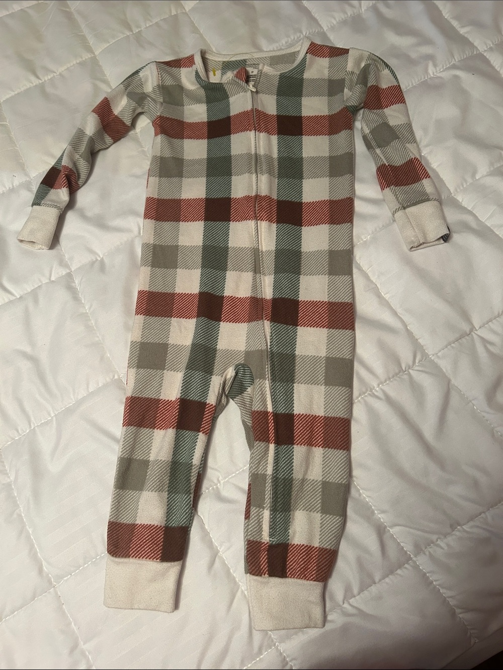Plaid Zip-Up Footie One-Piece in Cream, Rust & Green